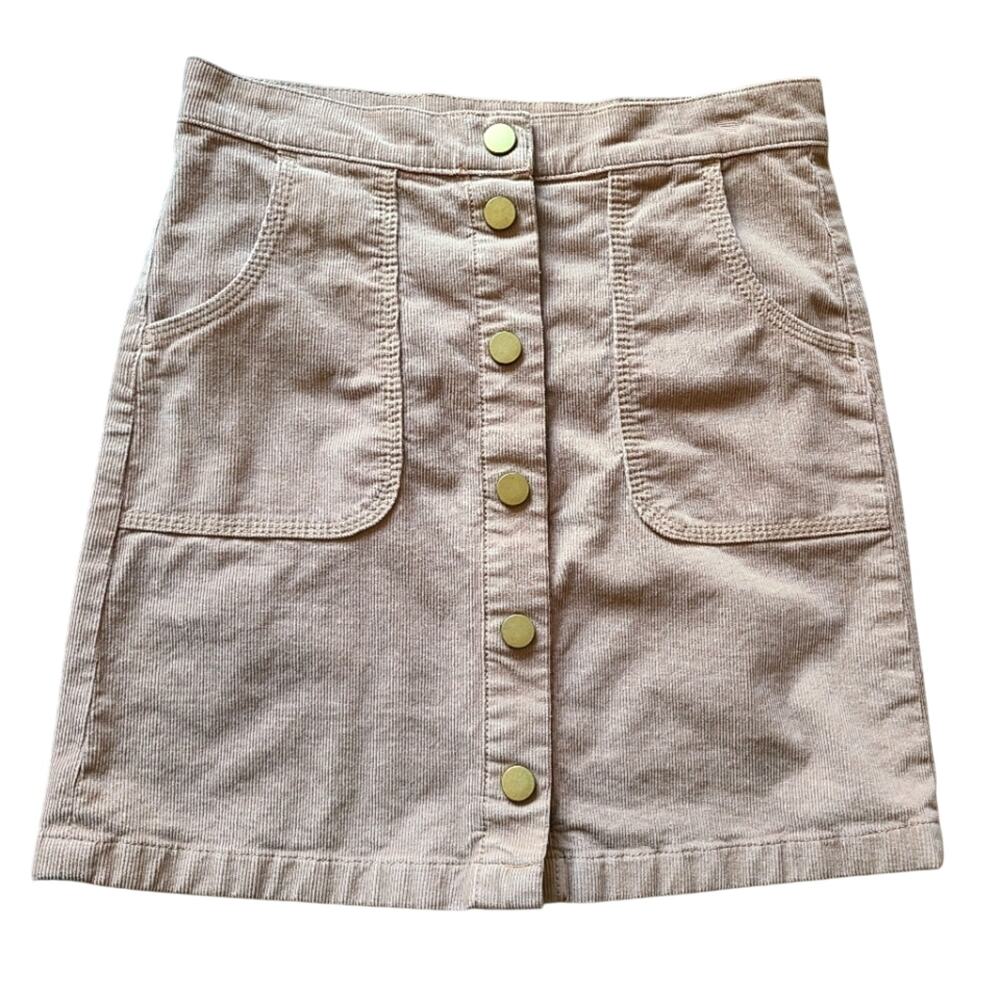 Tory Burch Lucitano Mini Skirt Womens 0 Corduroy Snap Front Tan Beach Wood Aline